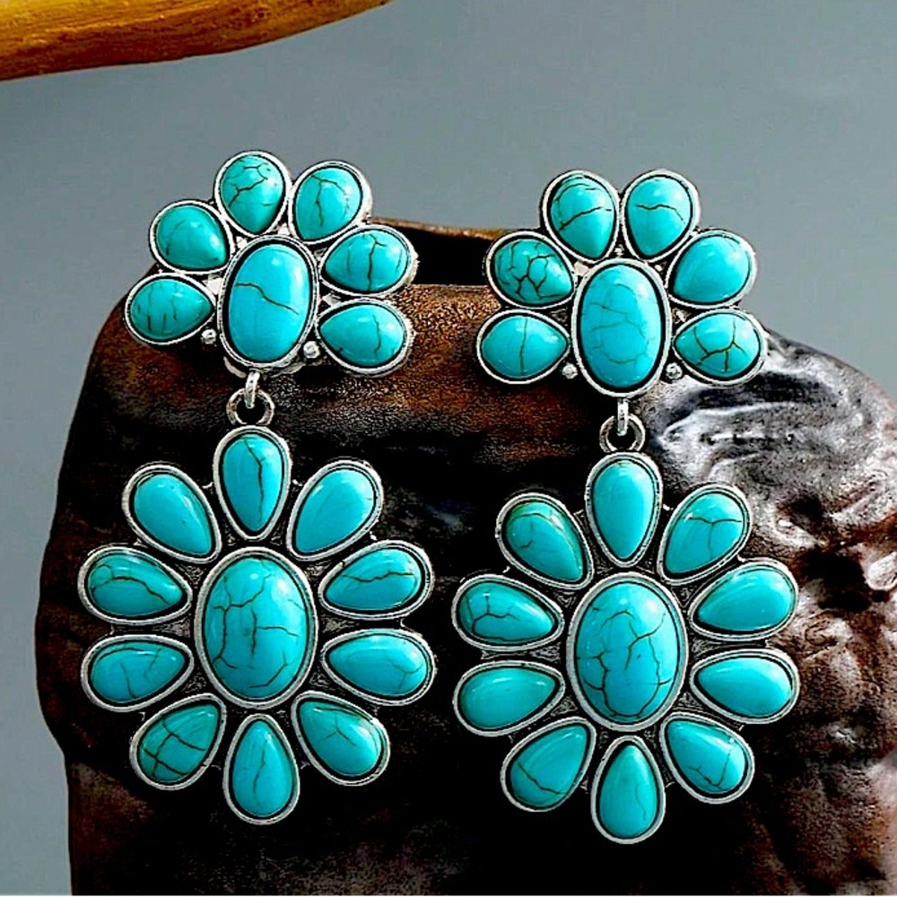 Western Turquoise Squash Blossom Post Earrings